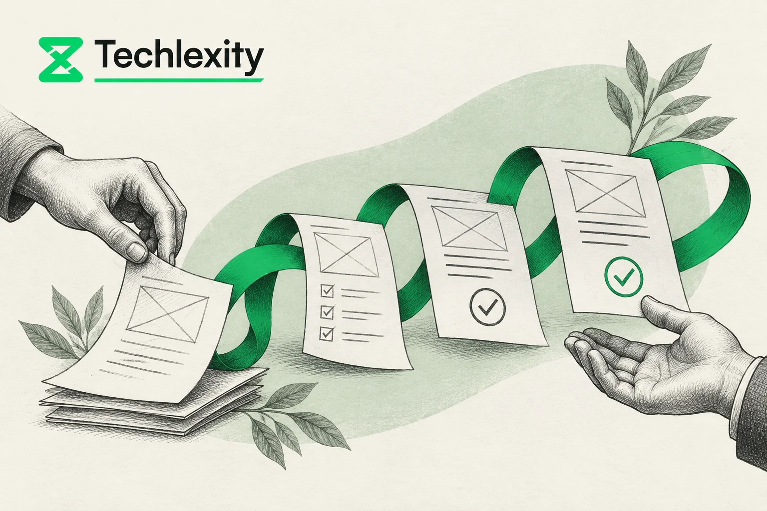 Techlexity editorial illustration of hands guiding a product through a continuous build, release and learning loop.