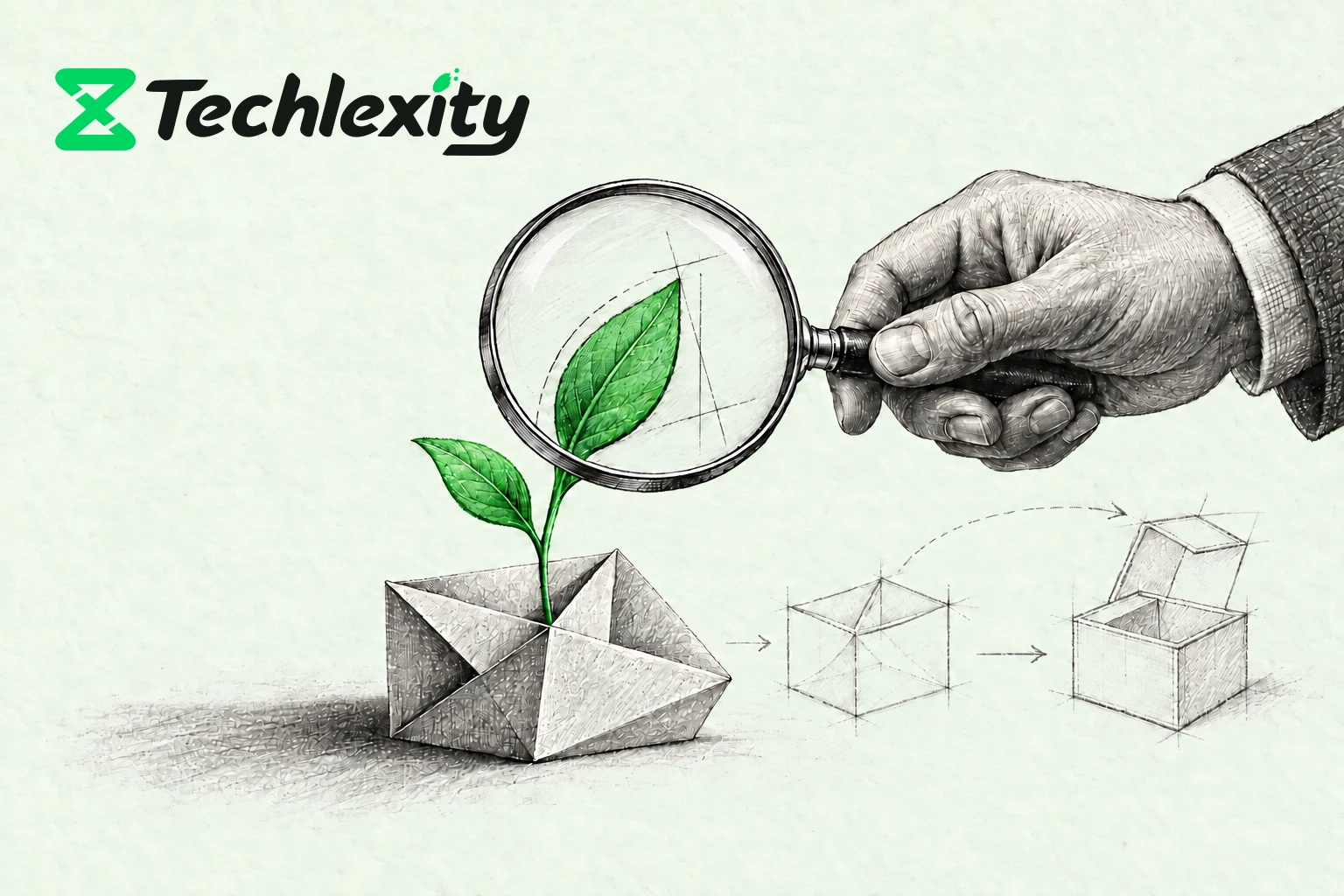 Techlexity editorial illustration of a hand examining a small product idea before it grows into a larger application.
