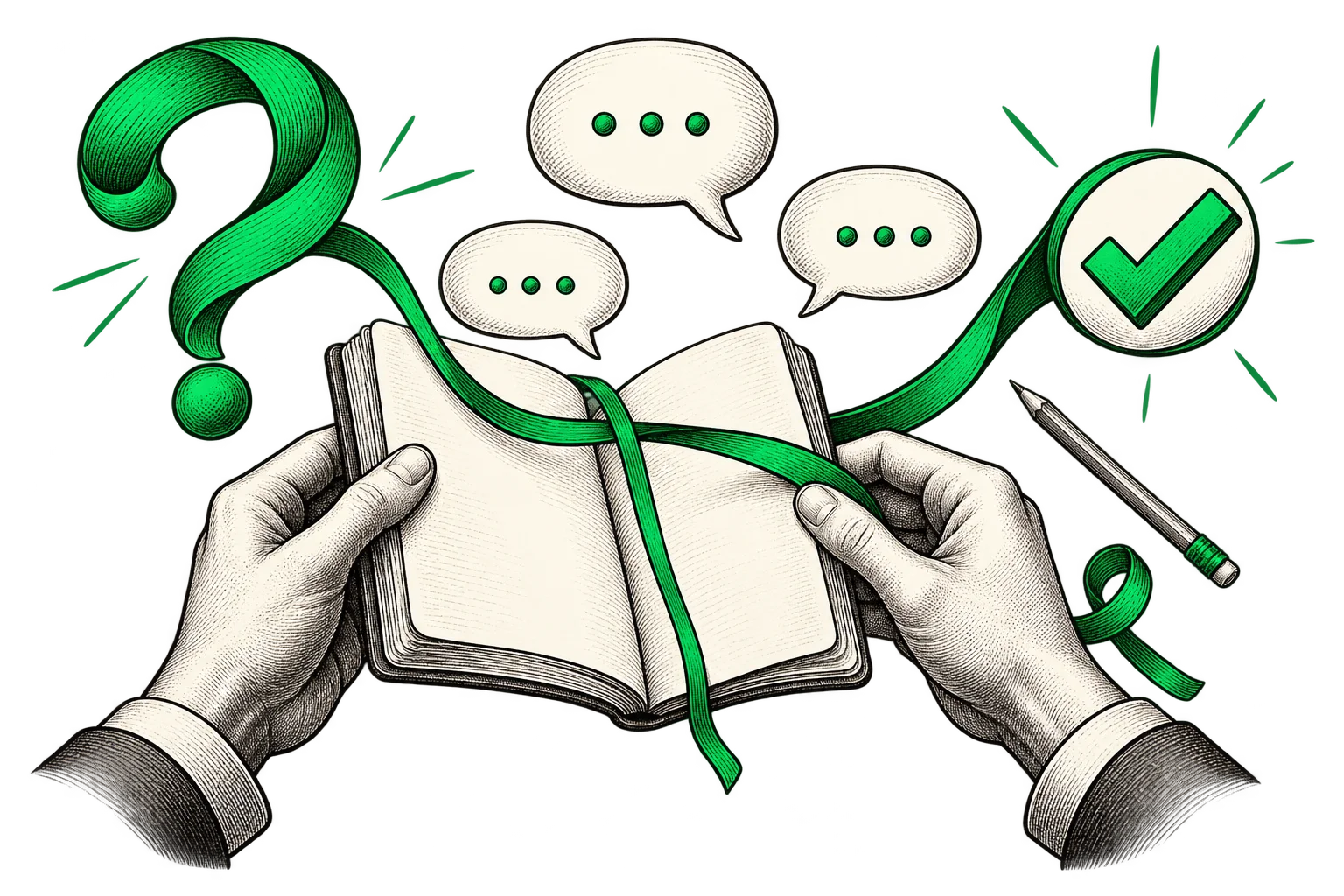 Editorial illustration of a conversation, turning product questions into clear answers.
