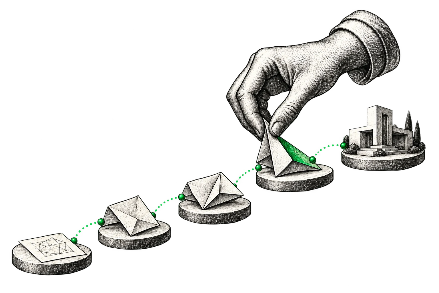 An engraved hand guiding a product through five stages
