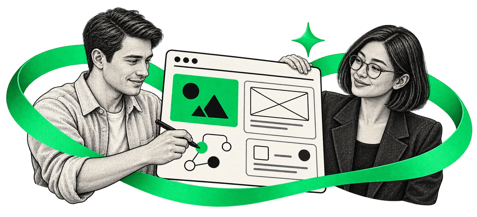An illustrated engineer and designer shaping a digital product, connected by a green ribbon.